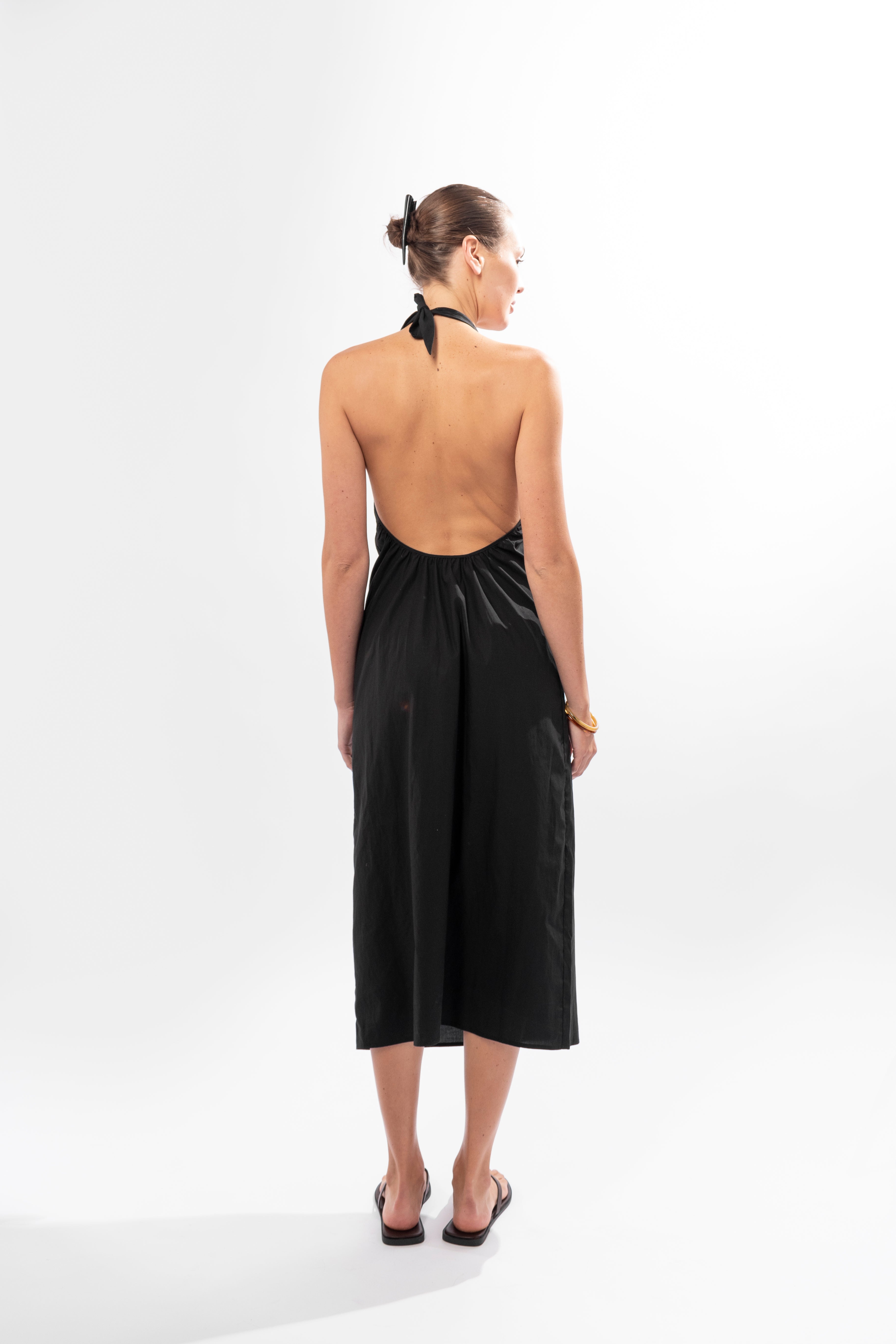 halter strapless black midi dress