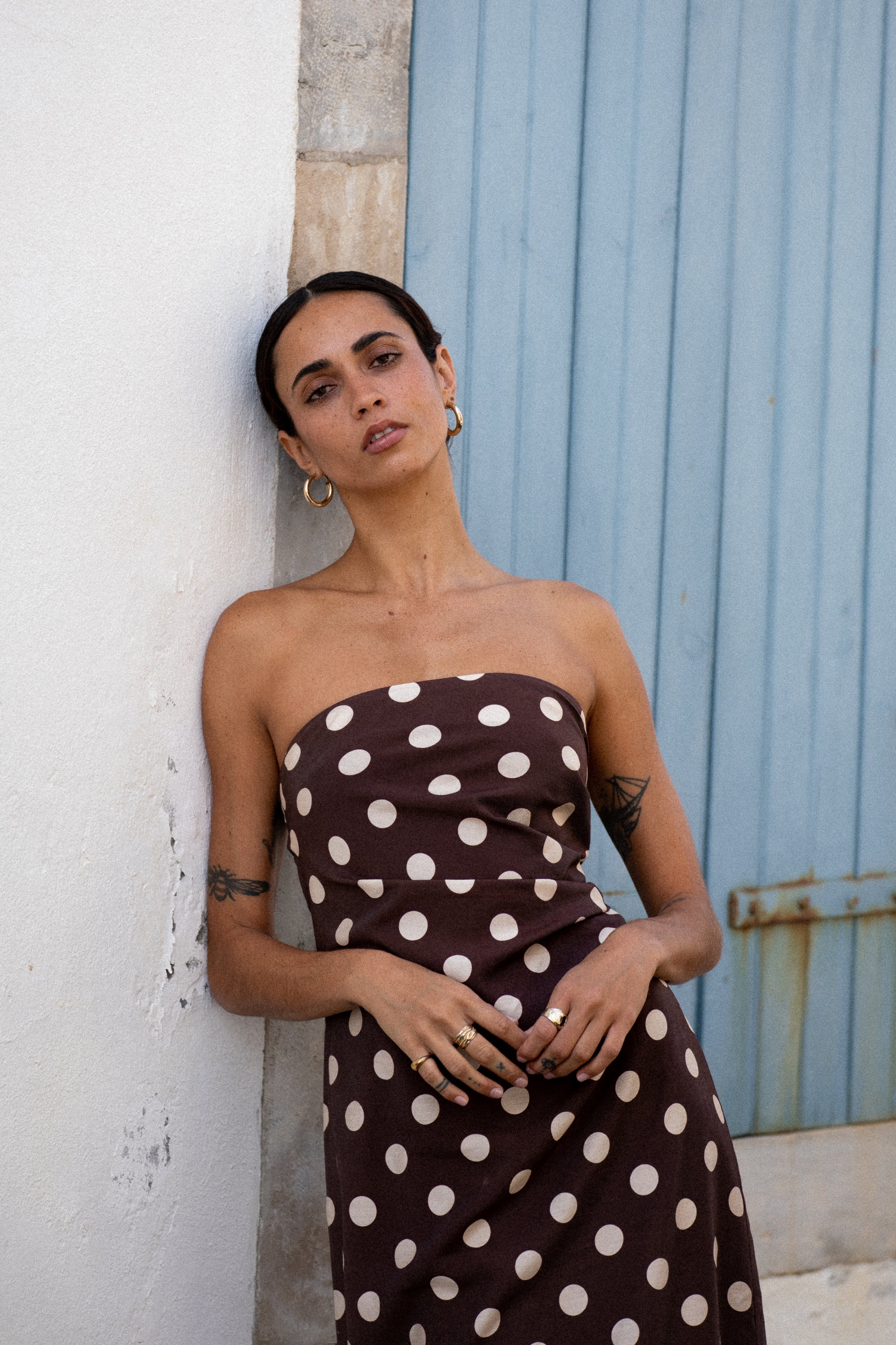 princess polly baby blue dress Second Glance Olga Criss-Cross Back Midi Dress Polka Dot Brown