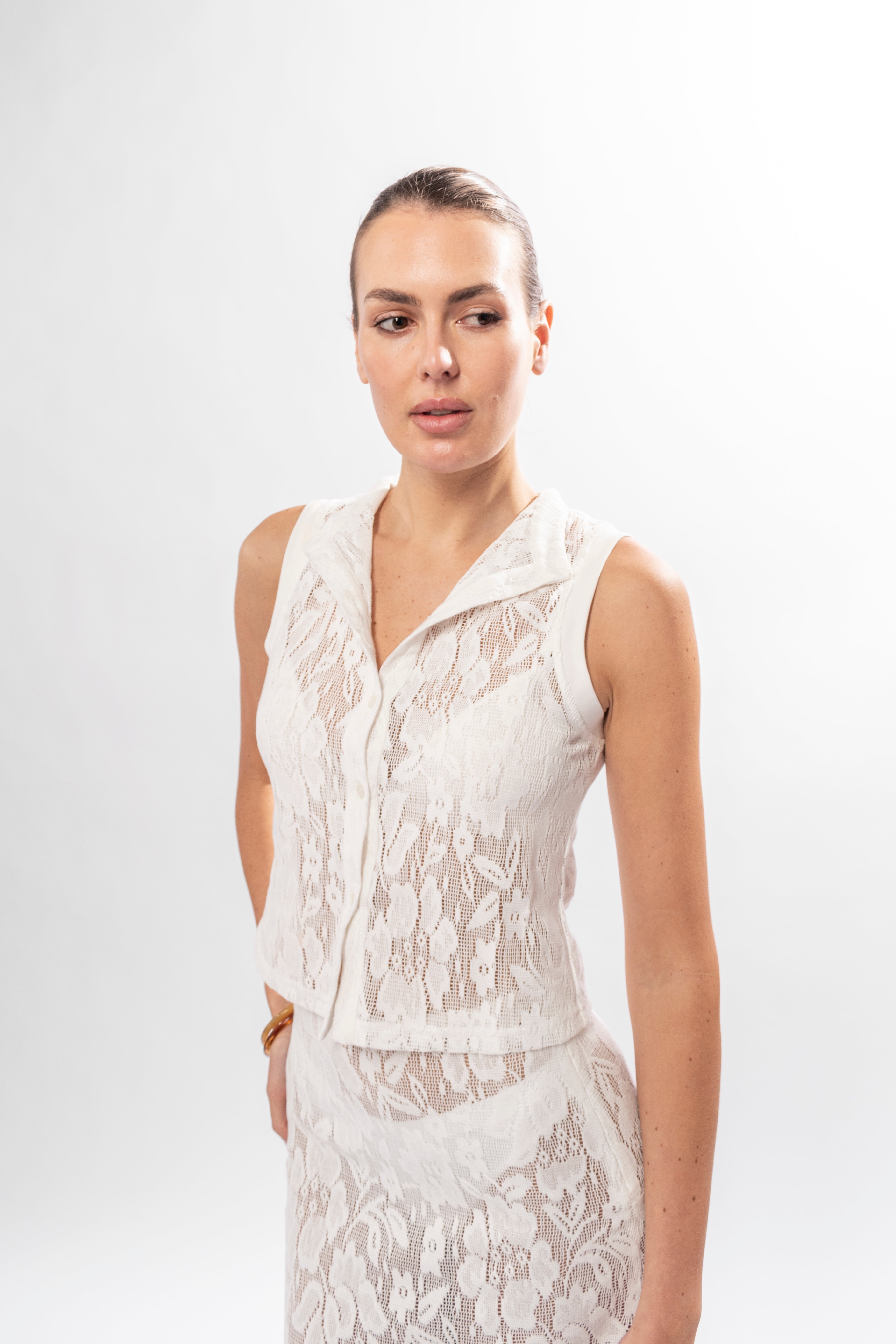 Texture detail of cotton blend lace fabric on Annabelle Top