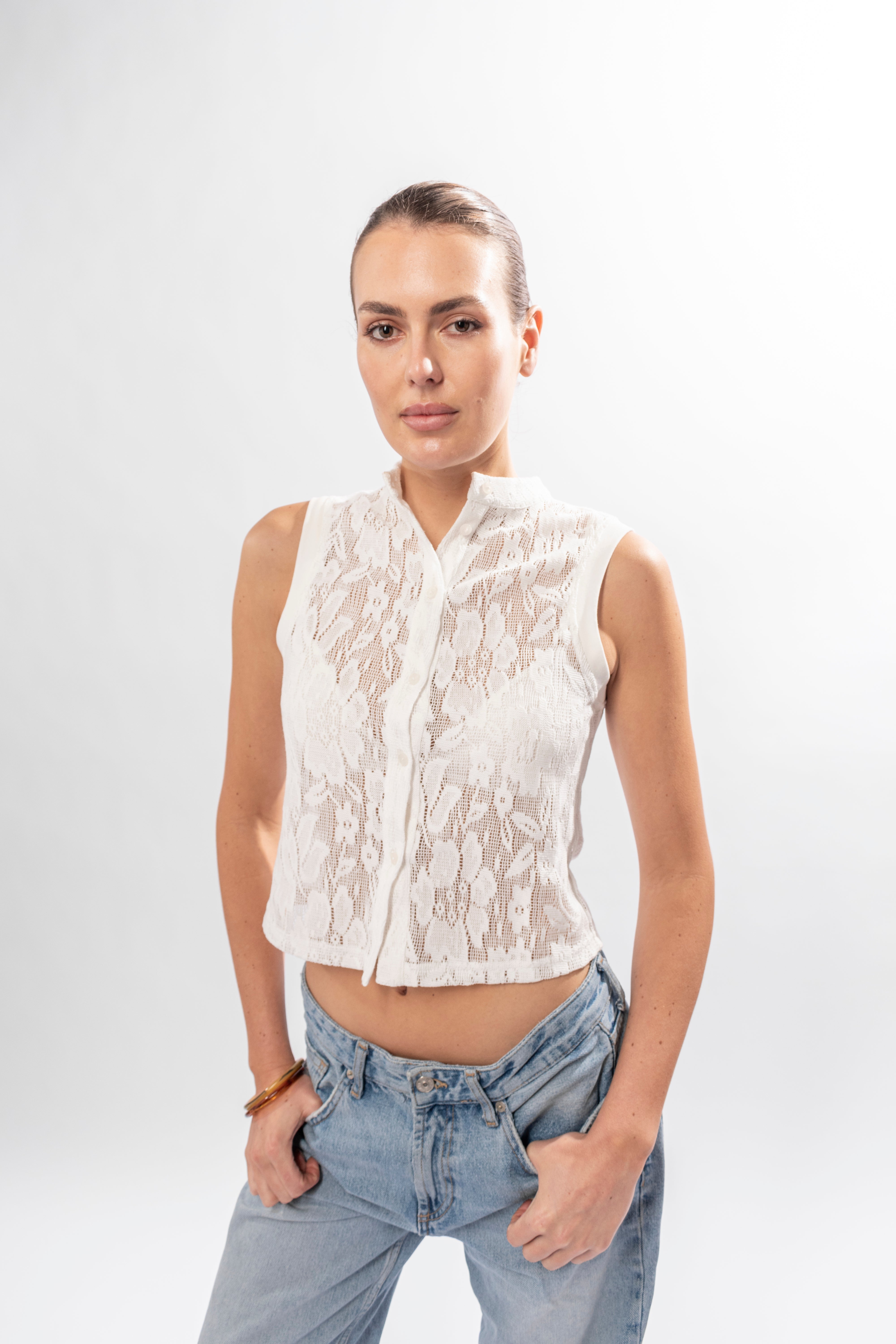 white lace Annabelle Top by Biik The Label, sleeveless button-up women’s top